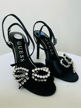 GUESS Black Crystal Bow Slingback Stiletto Sandals Size 6.5M